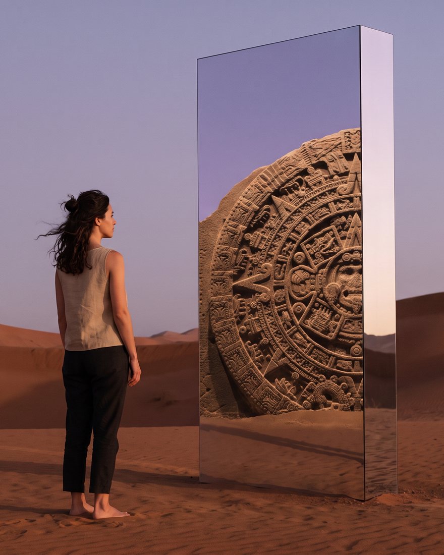 KI-generiertes Bild: Ein verspiegeltes Portal in den Dünen, im Spiegel der aztekische Kalenderstein; davor eine Frau von hinten