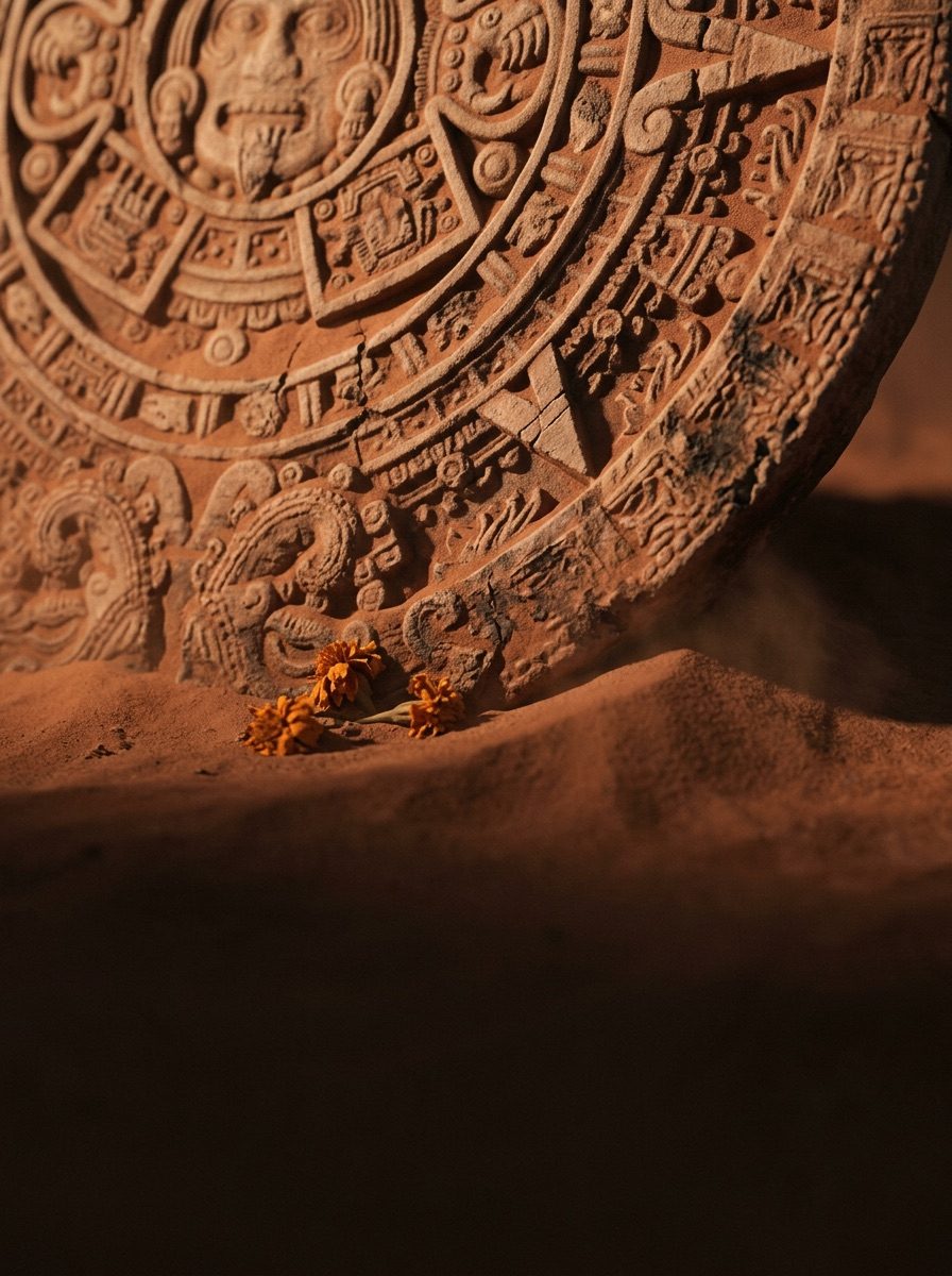 KI-generiertes Bild: Ein angeschnittener aztekischer Kalenderstein ragt aus rotem Wüstensand, davor Cempasúchil-Blüten