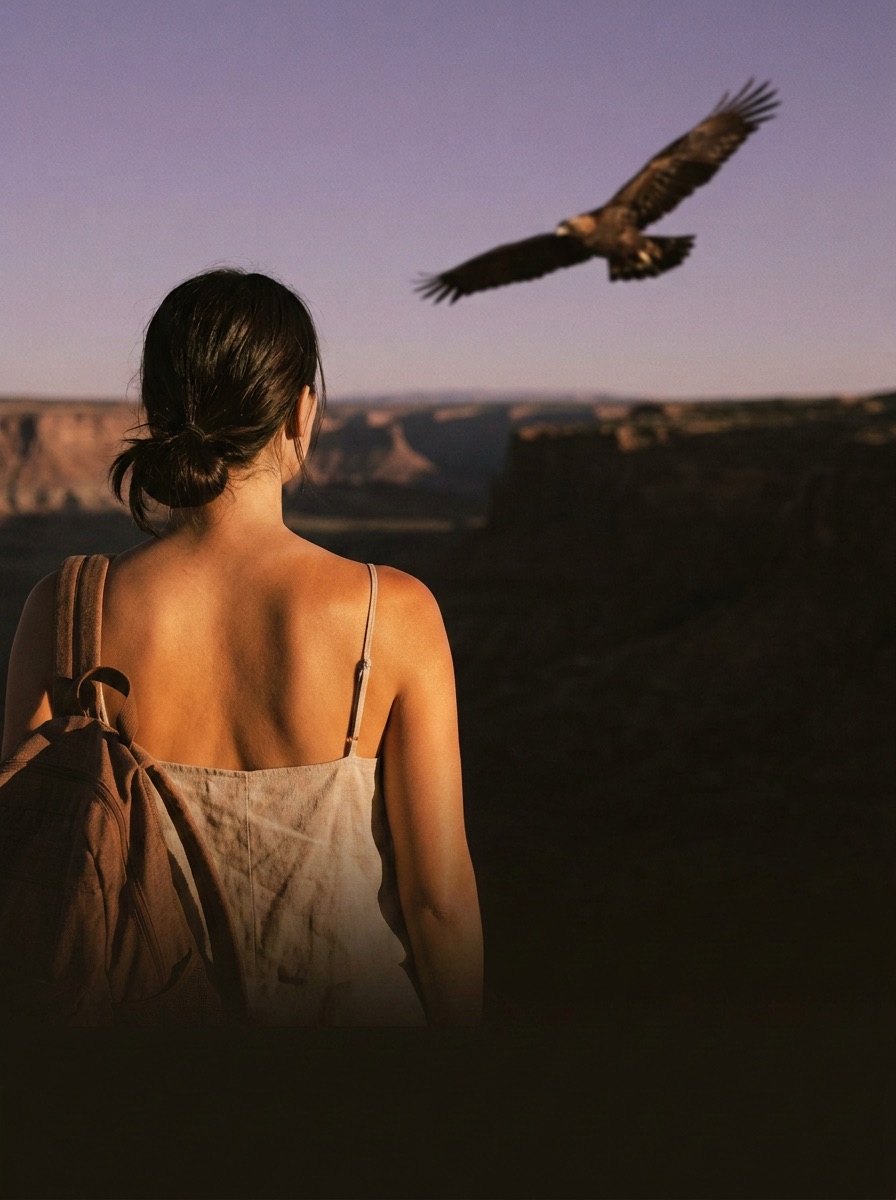 KI-generiertes Bild: Eine Frau von hinten auf einer Canyon-Hochebene, über ihr ein Adler im Segelflug