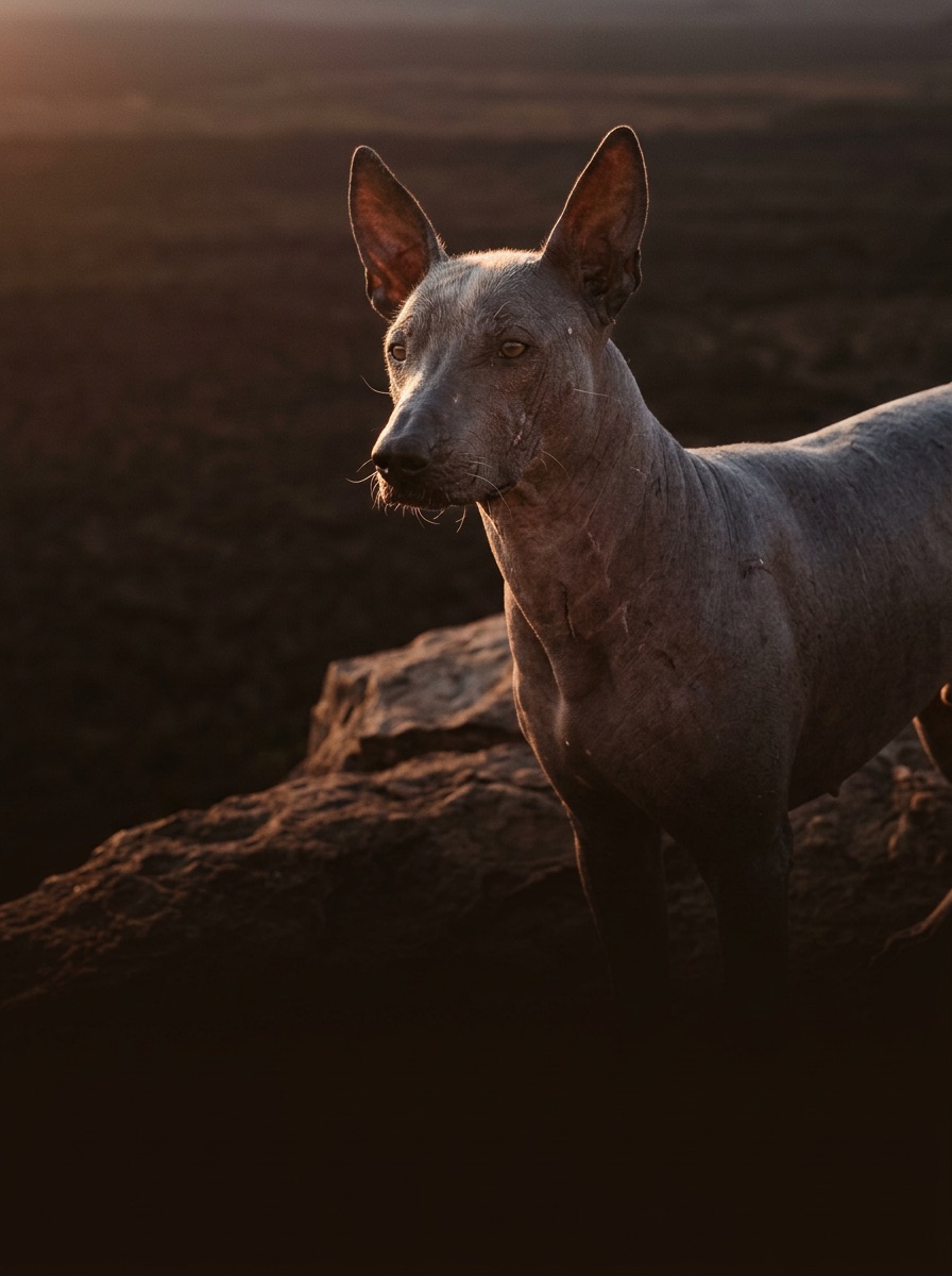 KI-generiertes Bild: Ein Xoloitzcuintle auf einer Felskante im Gegenlicht der Dämmerung